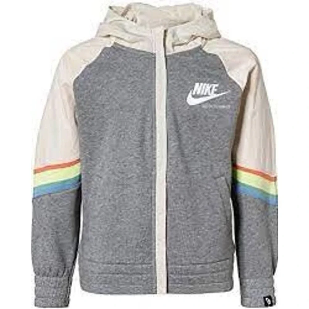 Nike Sportswear Big Kids' (Girls') Gray Full-Zip Stipe Sleeve Hoodie, Size XL 🗣